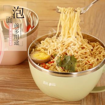 Noodles in green lunch cup with handle